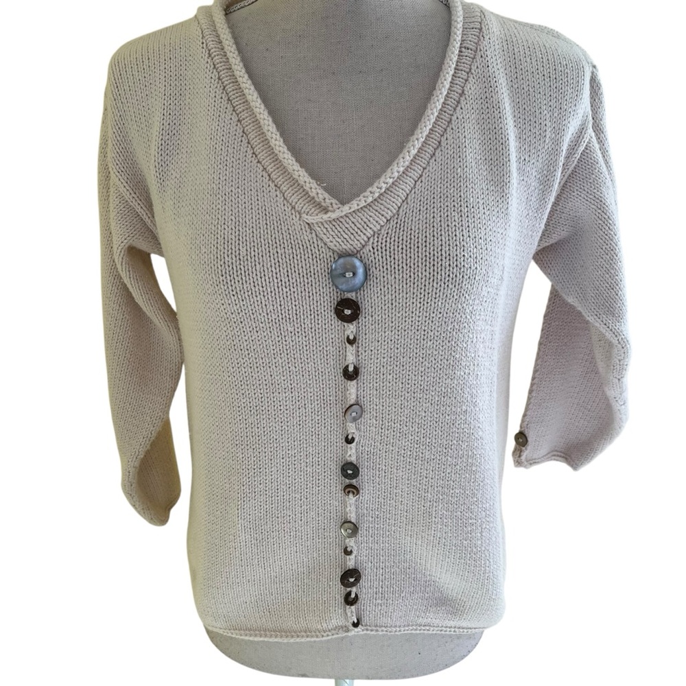 Pure & Co Vintage Cream Cotton V-Neck Pull Over Sweater with Button Detail XS